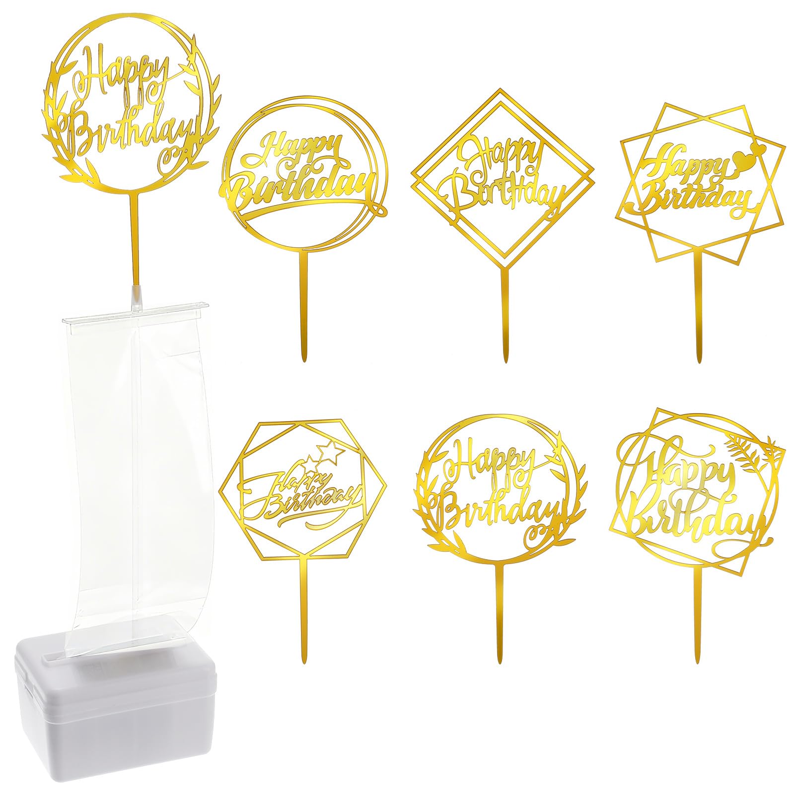 FANTESI 107 Pieces Cake Money Box Kit, 1 Money Cake Pull Out Kit Reusable Money Pulling Box with 100 Transparent Bag and 6 Happy Birthday Cupcake Topper for Cake Decoration Party Supplies (Gold)