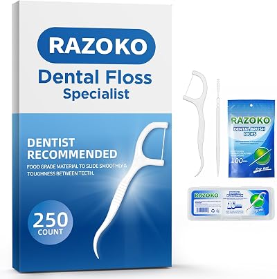 RAZOKO Dental Floss Picks 250 pcs with Case + 100 BrushPicks Interdental