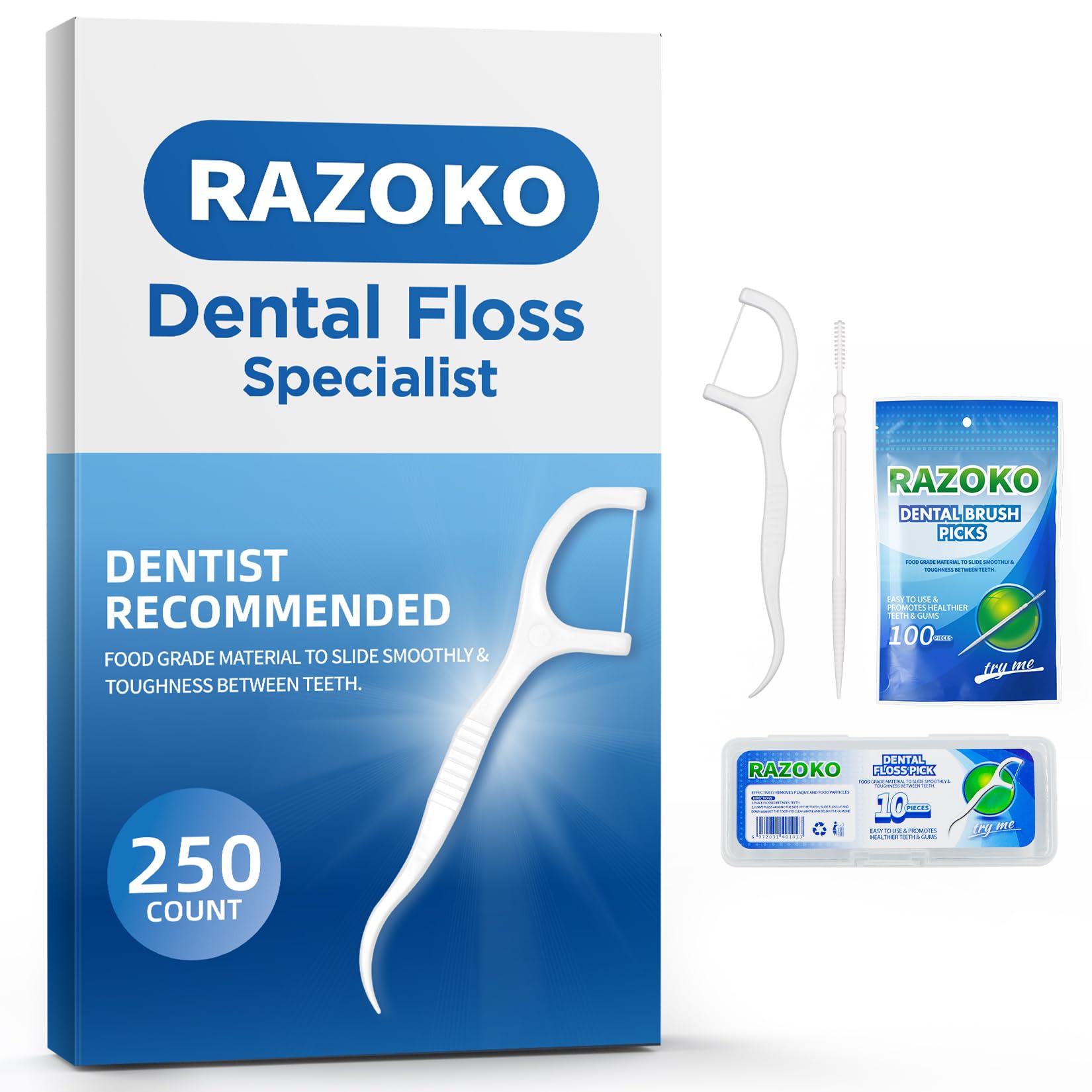 RAZOKO Dental Floss Picks High Toughness Toothpicks Sticks 250pcs with Portable Cases and 100pcs BrushPicks Interdental Toothpicks Perfect for Travel & Family Oral Hygiene