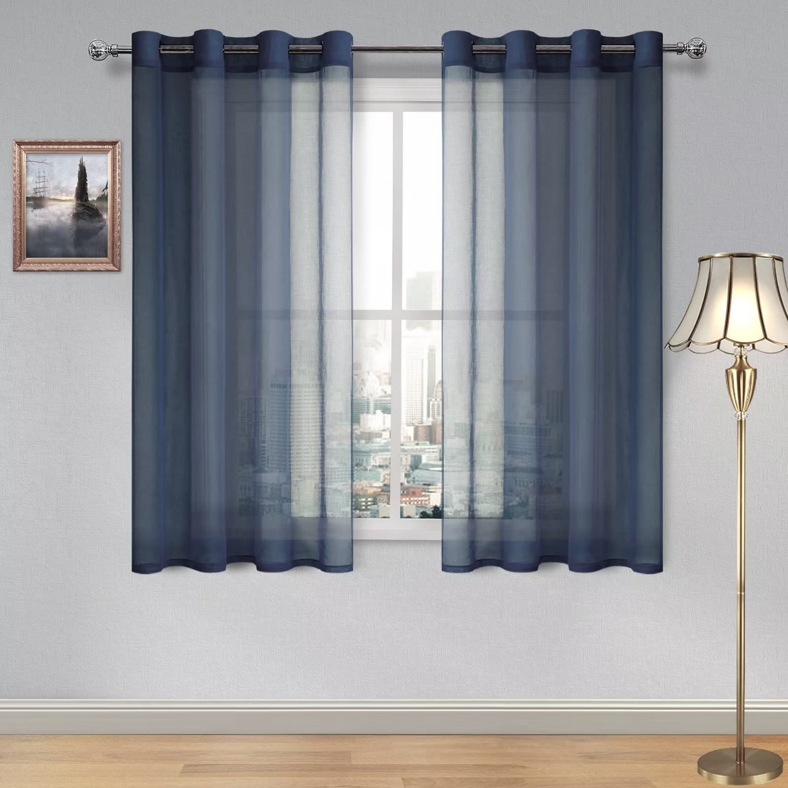 DWCN Navy Blue Sheer Curtains Textured Semi Transparent Eyelet Top Decorative Voile Curtain for Living Bedroom, 52" Wide x 63" Drop, 2 Panels