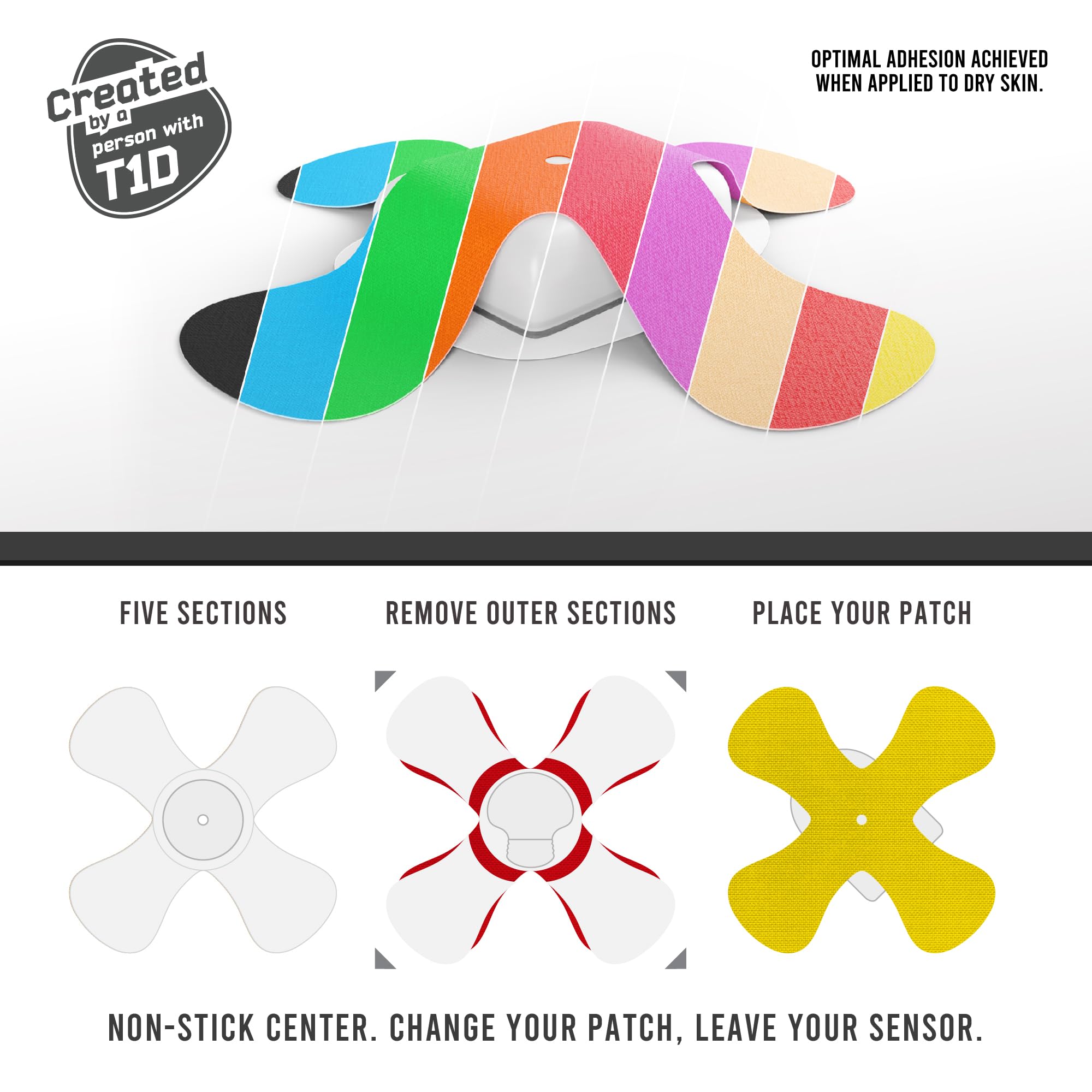 Not Just A Patch X-Patch CGM Sensor Patches (20 Pack) - Water Resistant Omnipod 5 Adhesive Patches - Durable for Active Lifestyle for 10-14 Days - Compatible with Dexcom G6, Libre 2 in Multi-Color