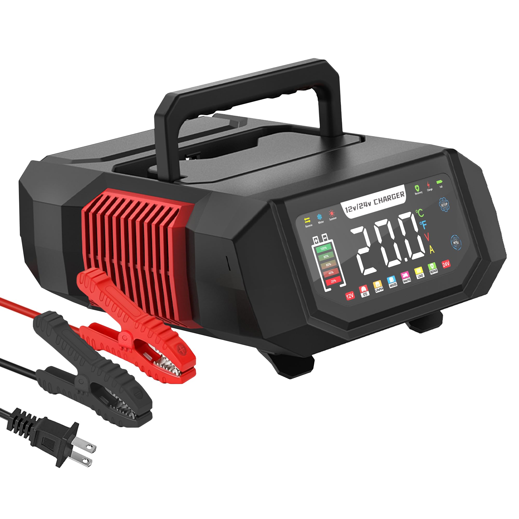 Photo 1 of AIYONFEI Battery Charger 20A 12V/24V Fully Automatic Battery Maintainer & Trickle Charger, Car Battery Charger with Repair, Temperature Compensation, for LiFePO4, Lead Acid, Deep Cycle Batteries (Red)