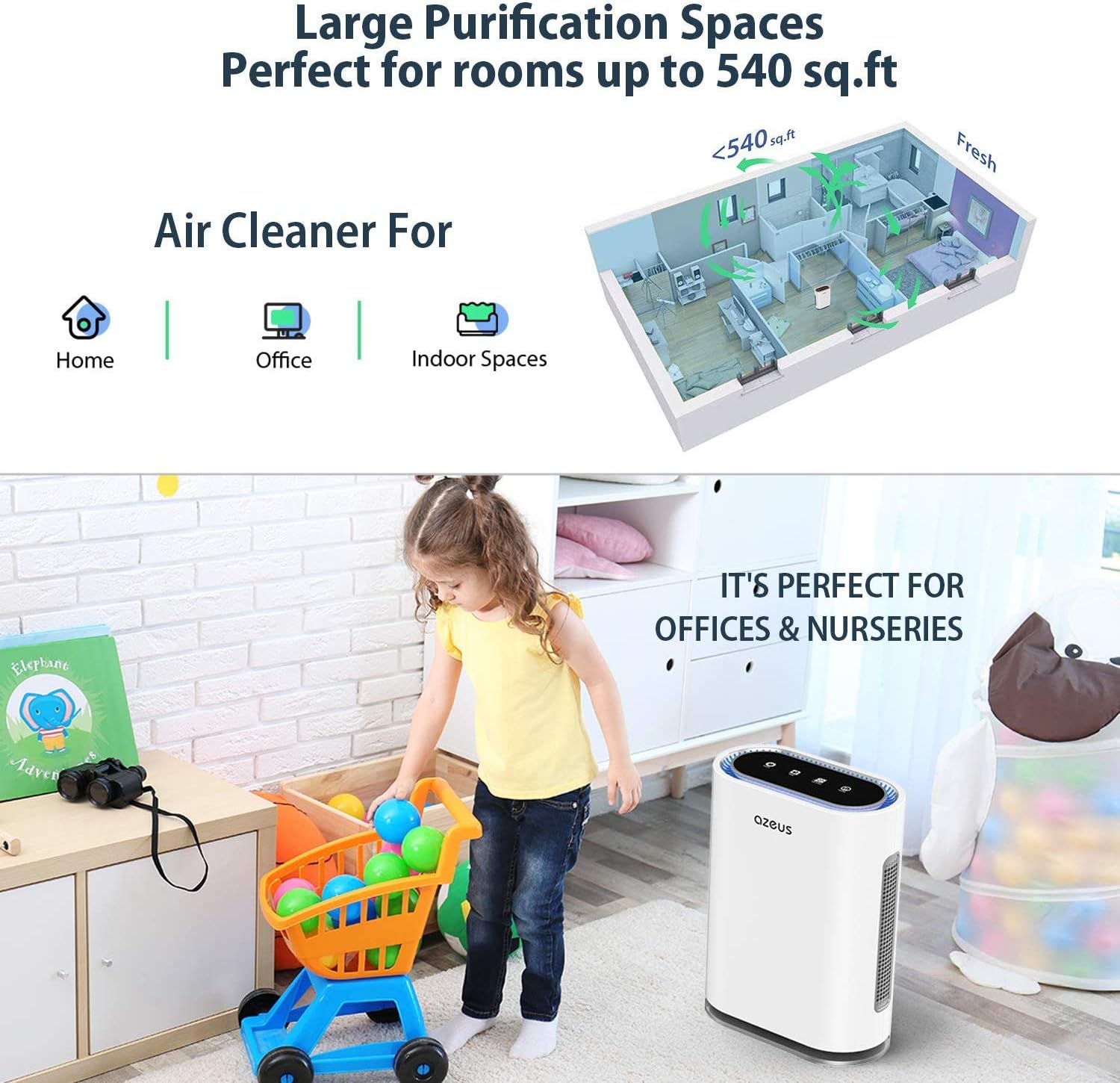 AZEUS 7-in-1 Air Purifier for Large Room to 540 ft²,True HEPA Filter with UV-C Sanitizer and Smart Sensor, Eliminates Germs, Filters Allergies, Pollen, Smoke, Dust Pet Dander, Mold Odors,Night Light: Home & Kitchen