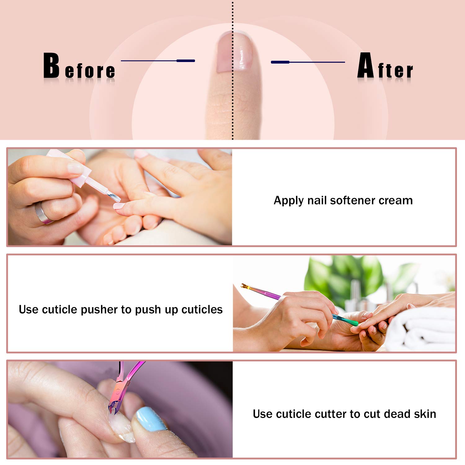 Cuticle Pusher Cuticle Remover Set with Cuticle Trimmer Peeler Scraper 2 Nail Files Dead Skin Clipper Manicure Pedicure Tools: Beauty