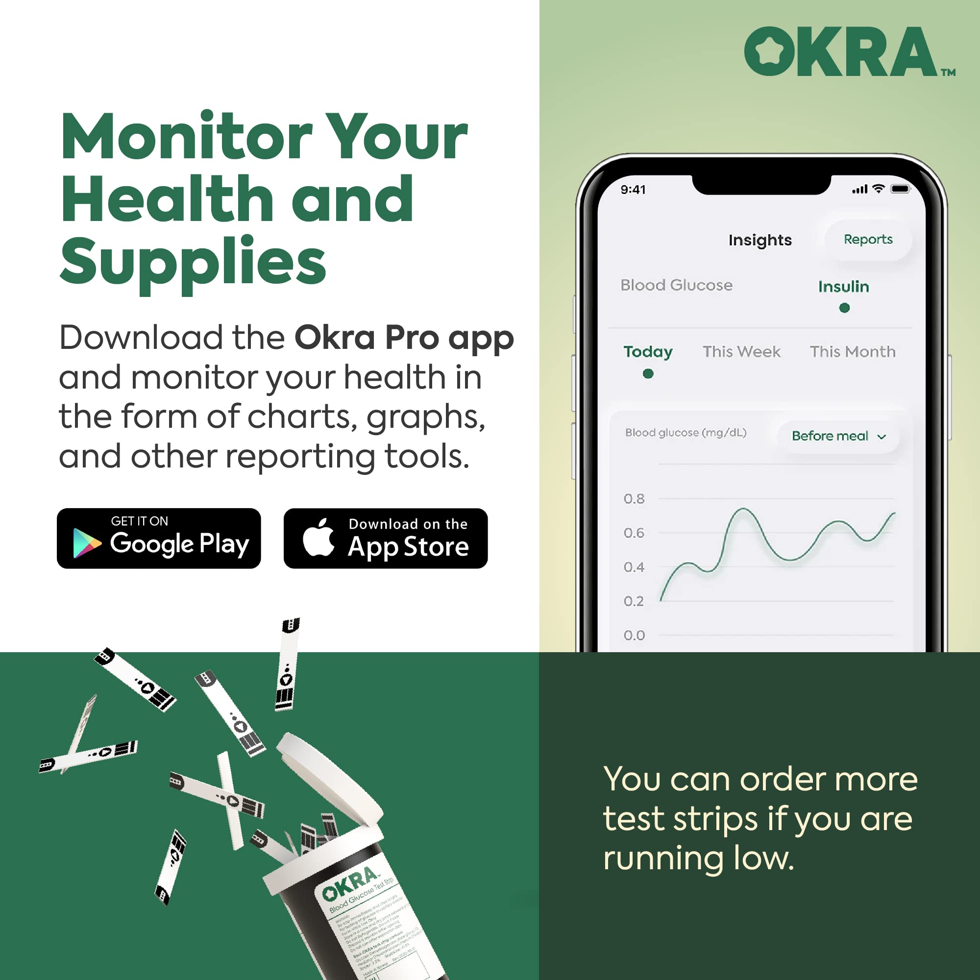 OKRA Pro Blood Glucose Test Strips - Test Strips for Diabetes, Accurate & Fast Results, Easy to Use, Small Blood Sample, 100 Test Strips