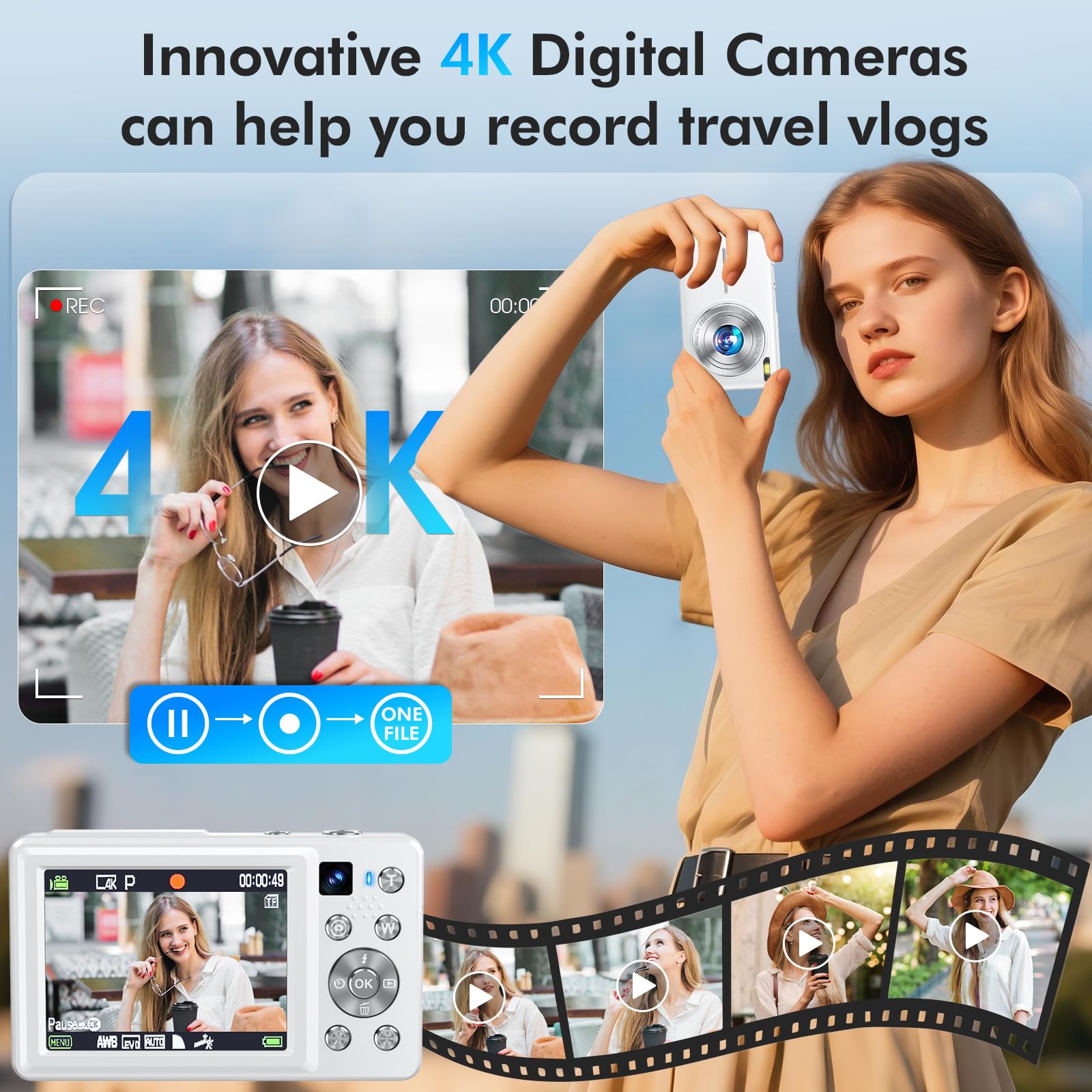 4K Digital Camera, 64MP Autofocus Vlogging Camera with Dual Lens, 16X Digital Zoom YouTube Compact Travel Point Shoot Camera for Teens Beginner, Anti-Shake,2 Batteries, 32GB Card (White)