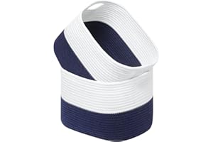 AUSSIY 2 Pack Rope Baskets for Storage Basket, Cotton Rope Woven Basket with Handles. Blanket Basket for Storing Clothes, Toys, Books, Shelves etc, 15''L x 10''W x 9.5''H, Off White/Blue
