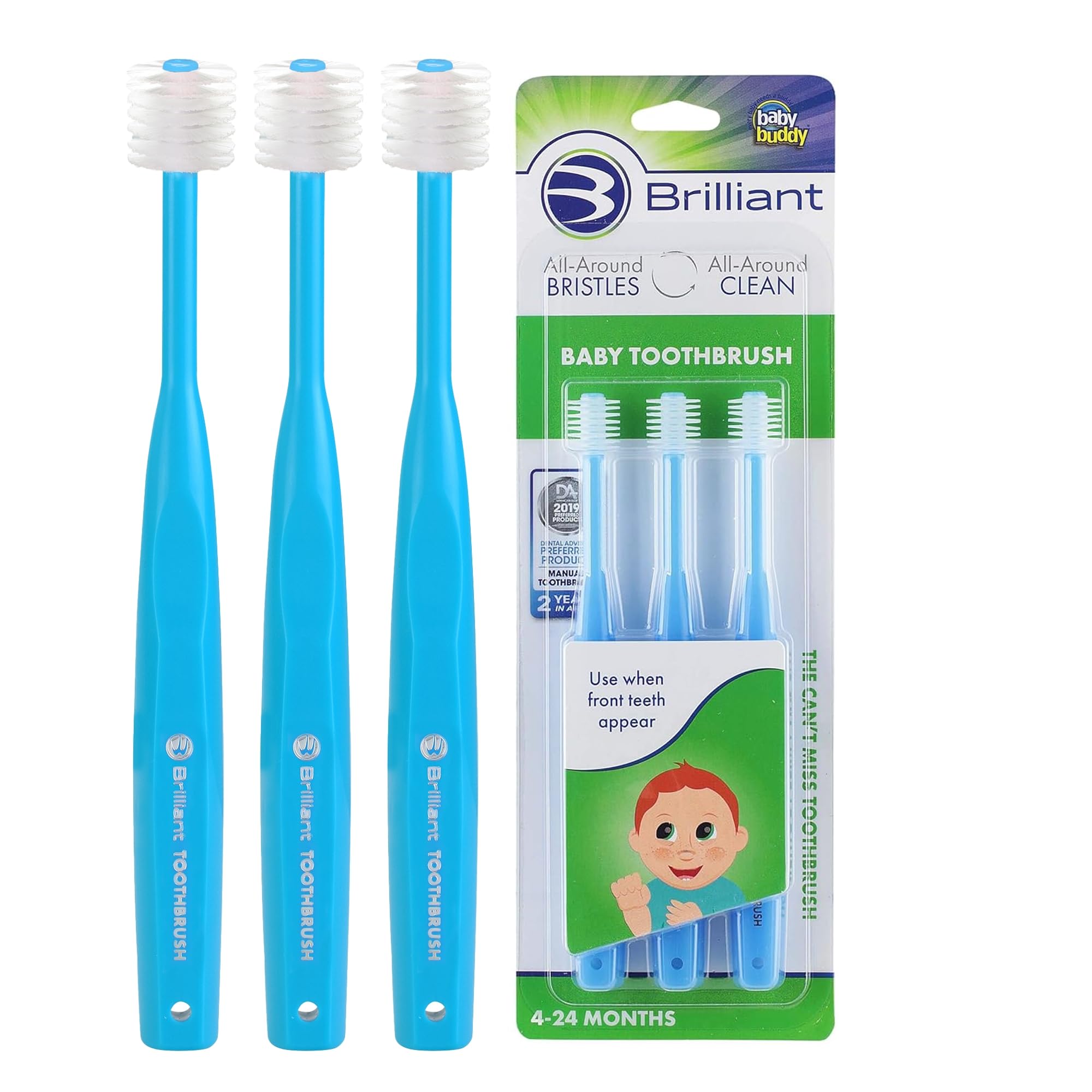 Brilliant Baby Toothbrush by Baby Buddy, Baby First Toothbrush, Ages 4-Months Old to 2 Years Old, Round Brush Head and Soft Micro Bristles Clean Whole Mouth, Baby Needs for First Year, Blue, 3 Count