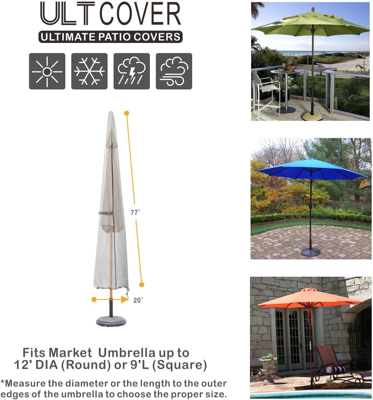 ULTCOVER Patio Umbrella Cover - 600D Waterproof Outdoor Market Umbrella Cover - Fits Market Umbrella Up to 12 Feet, Black : Garden & Outdoor
