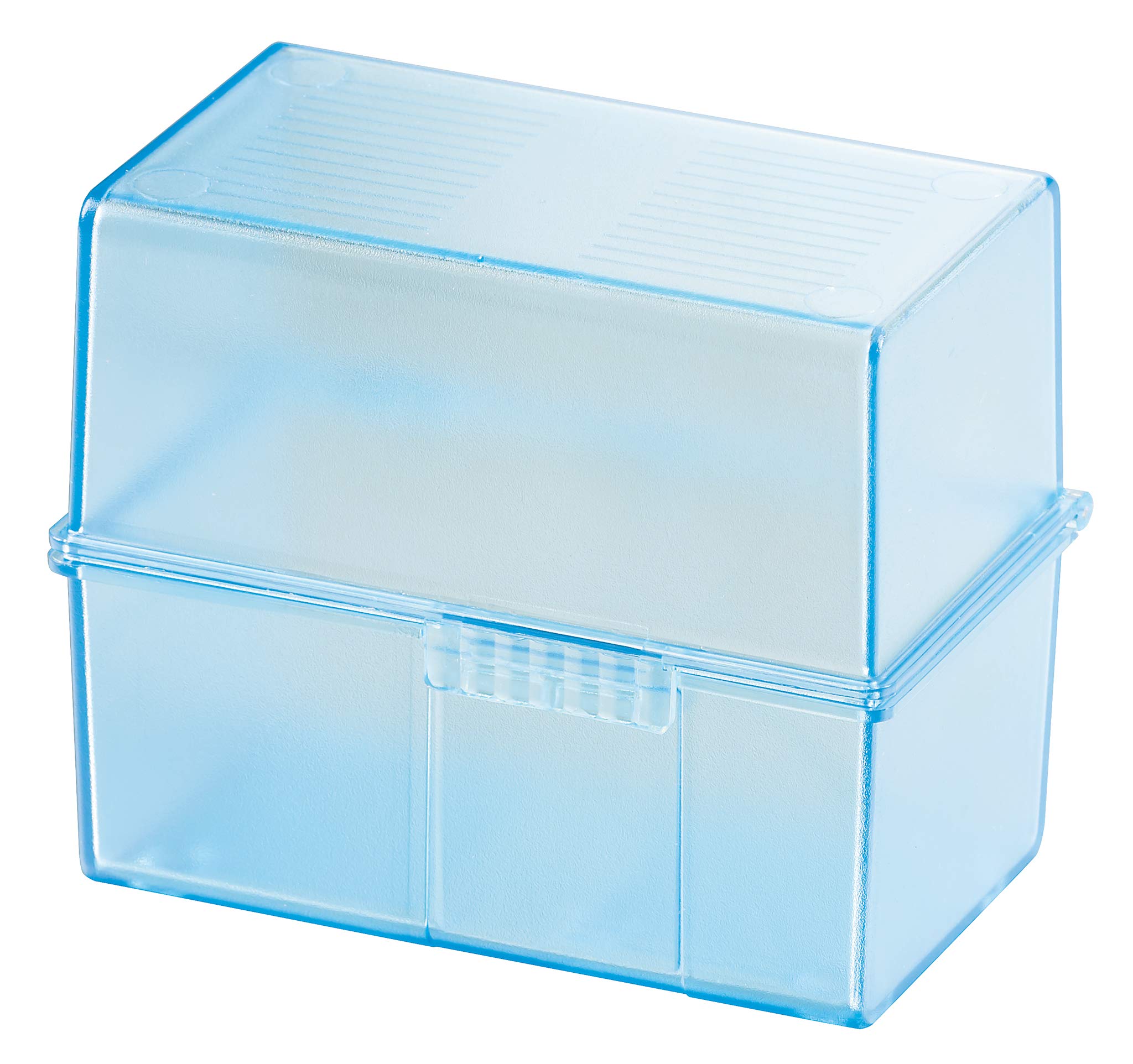 HAN 977-64, Card index box A7 landscape. Innovative, attractive design holds a maximum of 300 cards with steel hinge, translucent blue - various colours to choose from