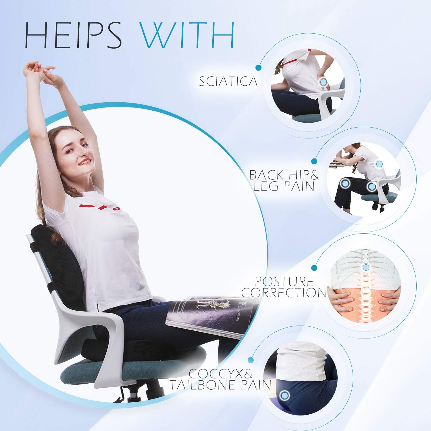 Coccyx Orthopedic Seat Cushion and Lumbar Support Pillow for Office Chair Memory Foam Car Seat Cushion with Washable Cover Ergonomic Desk Chair Cushion for Tailbone, Lower Back Pain, Sciatica Relief: Kitchen & Dining