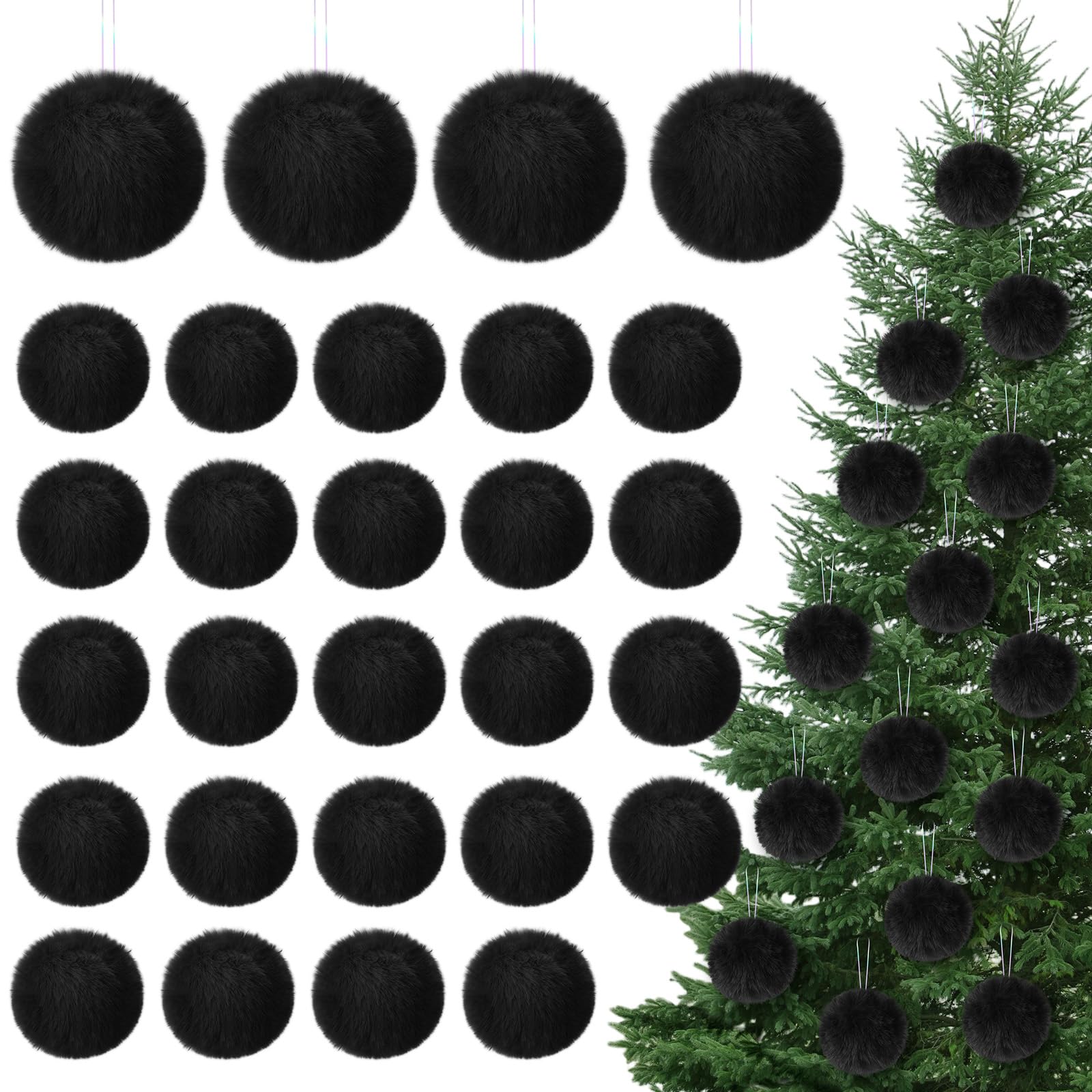 Photo 1 of 12Pcs Furry Christmas Ball Ornament for Xmas Tree Black Soft Faux Fur Pom Pom Ball Ornaments Christmas Tree Hanging Decorations for Winter Party Home Decor Costume Supplies