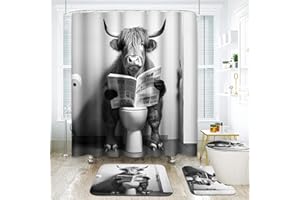 ArtSocket Farmhouse Highland Cow Bathroom Set with Shower Curtain and Rugs and Accessories, Gray Funny Bull Rustic Cute Shower Curtain Set,Grey Shower Curtain for Bathroom Decor 4 Pcs
