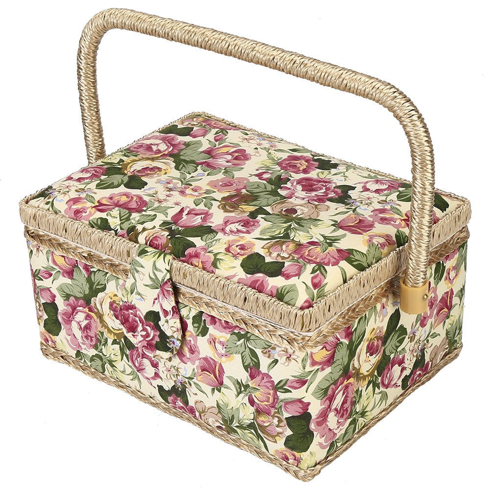 Fabric Covered Sewing Basket - Wood Storage Basket with Removable Tray for Sewing Accessories and Crafts, 3 Colors, Small/Medium Size