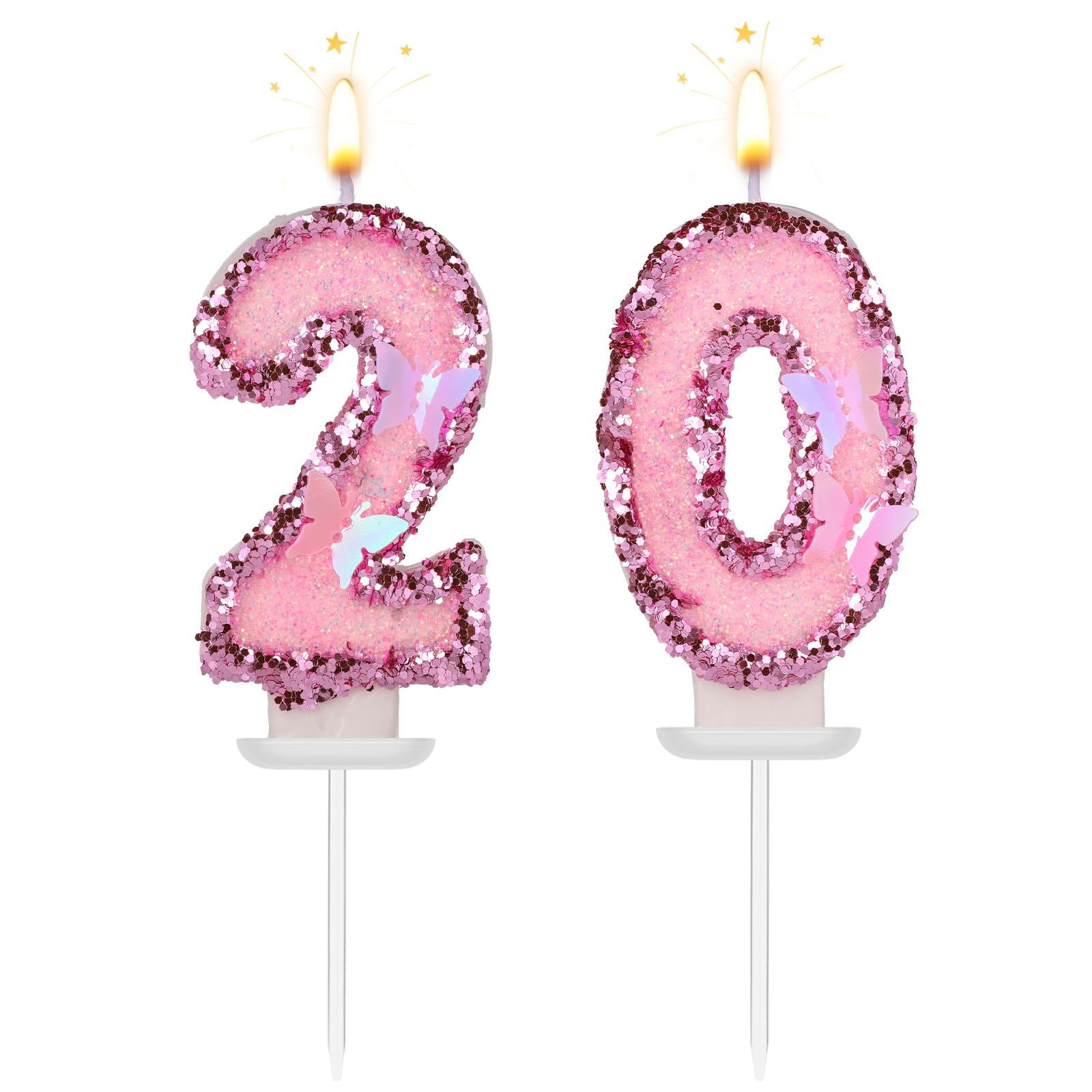 Photo 1 of Girls Birthday Number 20 Candles, 2.95in Glitter Butterfly Happy Birthday Cake Toppers Pink Sequins Wedding Numeral Cupcake Decorations for Anniversary Celebration Party Supplies (20th)