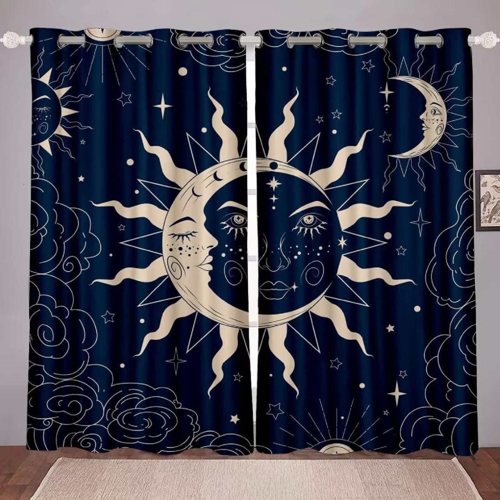 kxry Sun and Moon Blackout Curtains for Bedroom Living Room Navy Blue Boho Celestial Darkening Grommet Curtain 84 Inches Long Window Drapes Treatment Room Decor,2 Panels Set, 42''W x 84''L