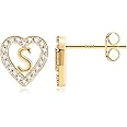 Anoup Heart Initial Stud Earrings - Gifts for Girls, Sterling Silver Post 14K Gold Plated All Over Hypoallergenic | CZ Simulated Diamond Stud Earrings | Birthday Gifts for Kids Toddlers Daughter