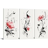 Nachic Wall Koi Fish Canvas Wall Art Watercolor Lotus Flowers Ink Painting Prints Good Luck Fish Pictures Zen Bedroom Decorations (Red)