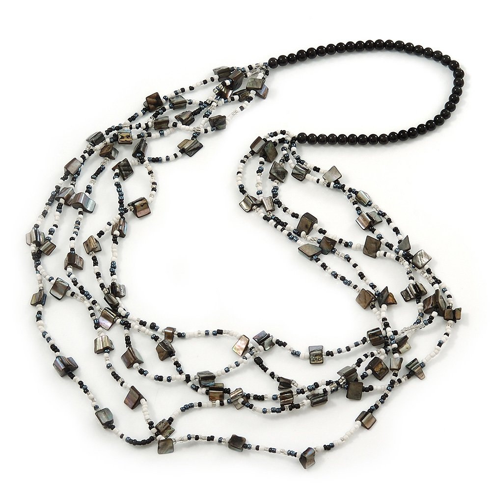 Avalaya Multistrand Black/White Shell/Glass Bead Long Necklace/ 84cm L