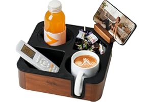 Hitseon Couch Cup Holder Tray, Acacia Wood Couch Caddy With Cup Holder, Non-Slip Couch Organizer for Drinks, Snacks Remotes, Rounded Corners And Mug Slot Black