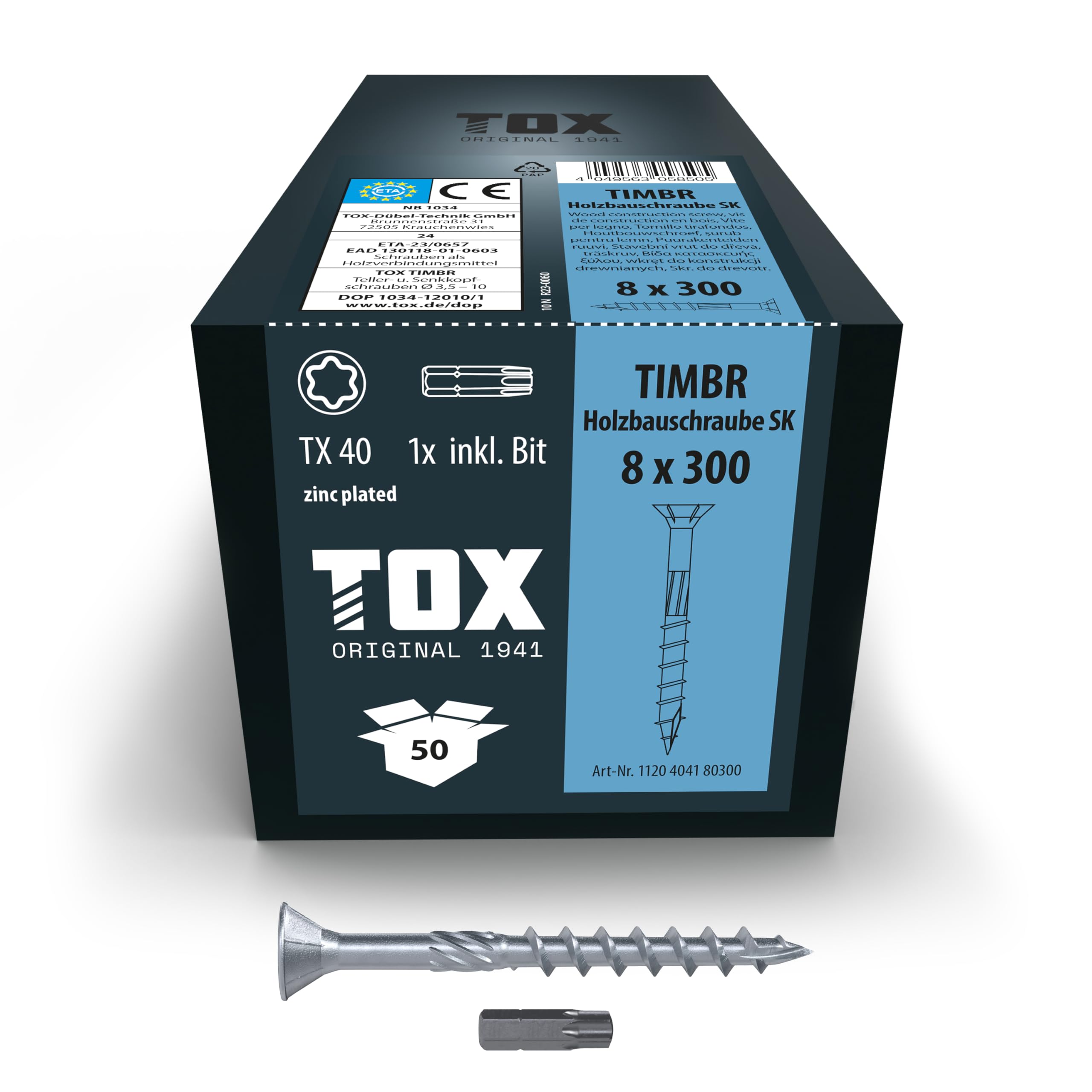 TOX Timbr SK 1120404180300 Wood Screws 8.0 x 300 mm Blue Galvanised with Countersunk Head TX40 Screws for Easy Screwing and Flush Mounting in Wood Construction Pack of 50 Includes 1x Bit