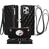 TOCQELOY for iPhone 15 Pro Max Wallet Case 6.7" with Mirror, Wristlet & Crossbody Strap, Zipper Card Holder - RFID Blocking, Flip Magnetic Shockproof Protective Cover with Kickstand for Women, Black