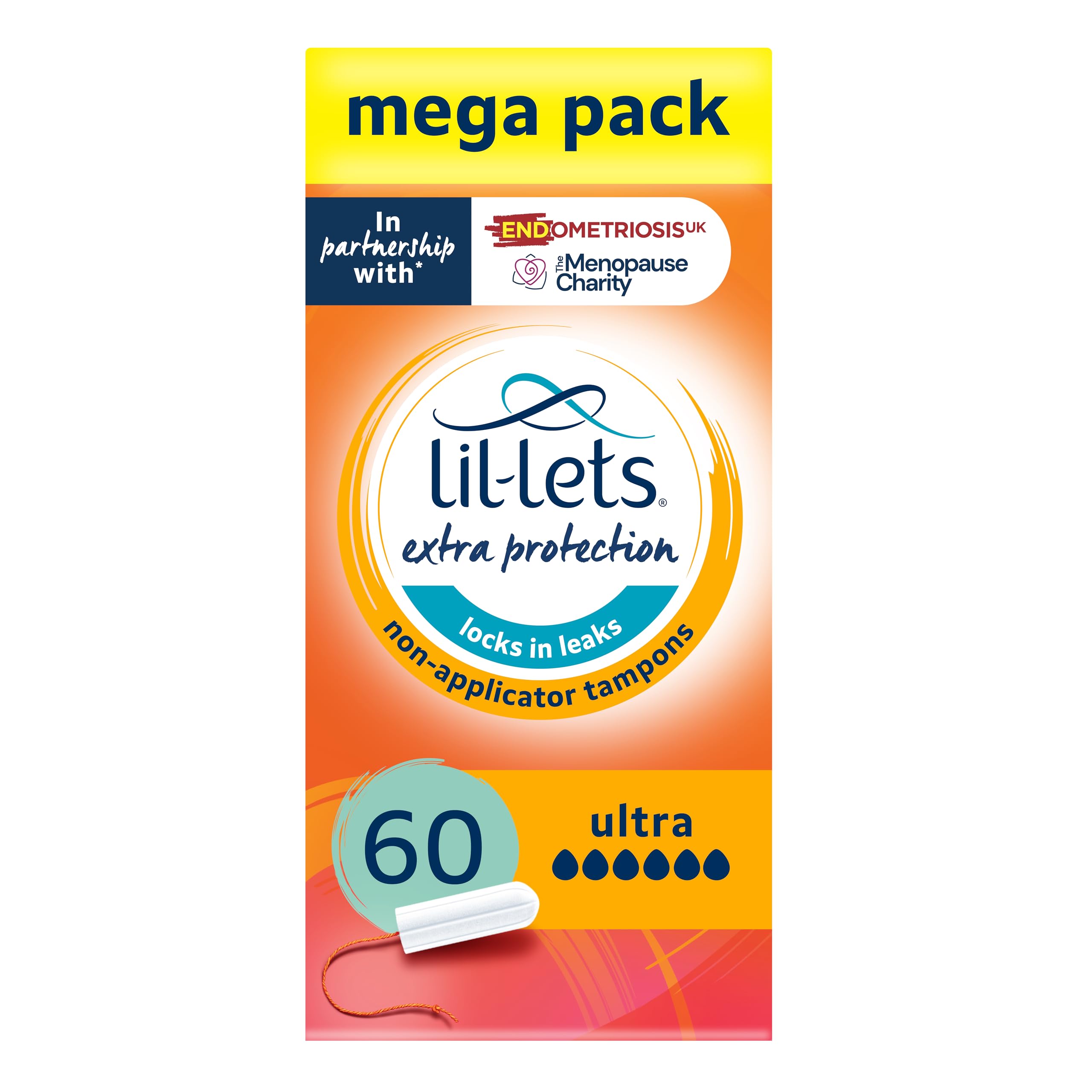Lil-Lets Non-Applicator Ultra Tampons X 60, (6 Packs of 10 Tampons), For Extremely Heavy Flow, 6 Droplets, Plant-Based, SmartFit Non-App Tampon