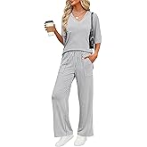 LOMON Women's 2 Piece Lounge Pajama Sets Soft 3/4 Sleeve Tops and Wide Leg Pants Loose Casual Outfits with Pockets