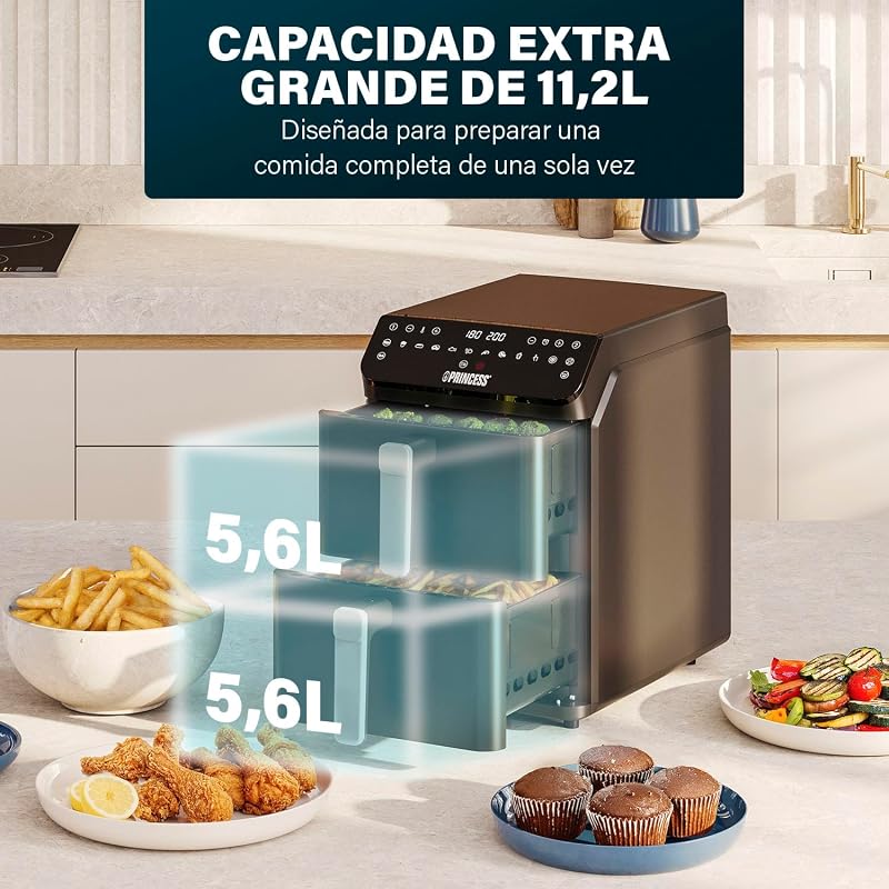 Fritadeira de ar empilhada, fritadeira dupla, 11,2 L, 3000 W, design vertical, função sincronizada, revestimento sem PFAS, preto, 01.182278.01.001