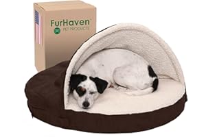 Furhaven 26" Round Orthopedic Dog Bed for Medium/Small Dogs w/ Removable Washable Cover, For Dogs Up to 30 lbs - Sherpa & Suede Snuggery - Espresso, 26-inch