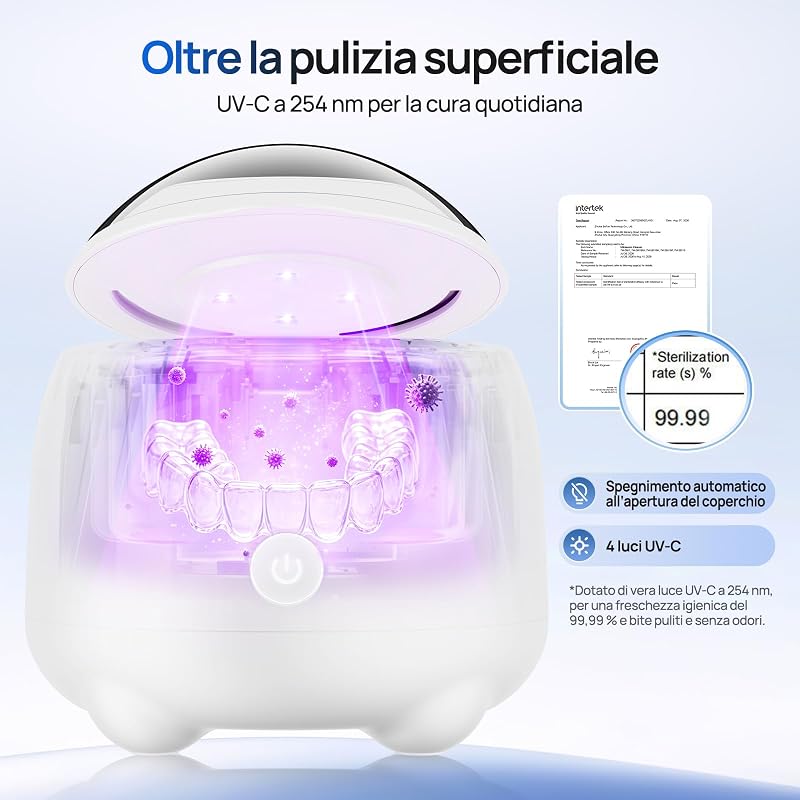 Pulitore ultrasuoni per bite dentale, 48 kHz, UV-C, Bianco