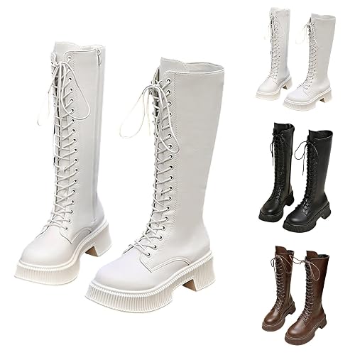 Women'S Knee High Boots Combat Knitted Shaft White Boots Lace Up Pu Leather Waterproof Boot Fall Winter Side Zipper Single Mid Calf Punk Goth Non Slip Cowgirl Shoes Size 7.5
