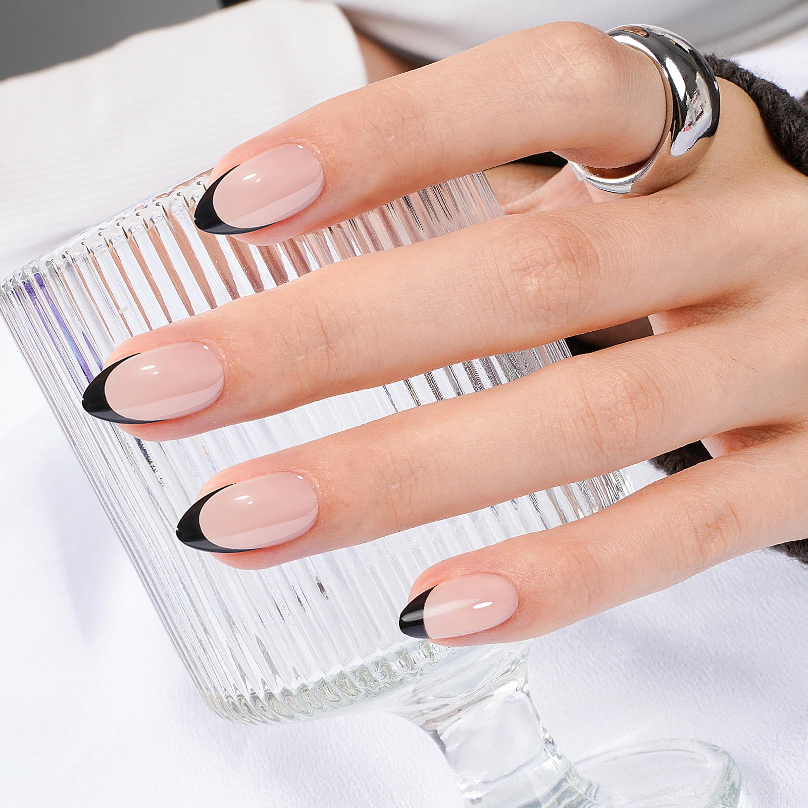 Canvalite French Tip Press On Nails, 30Pcs Short Almond Press on Nails Reusable Acrylic Fake Nails with Glue & Glue Remover Easy to Use Manicure Kit for Women, Black - Image 2