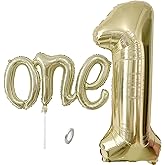 WEILINZHOU 2Pcs White Gold One Balloon Set, 40inch Large Foil Light Gold Number 1 Balloon and 26inch Script Letter One Banner for Boy or Girl 1st Birthday Decorations