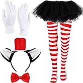 Geyoga 5 Pcs Tulle Tutu Costume Accessories Set Adults Tulle Tutu Skirt Cat Ear Headband Bowtie Striped Tights Full Length Tights Thigh High Stocking Parade Gloves for 80s Party Cosplay School