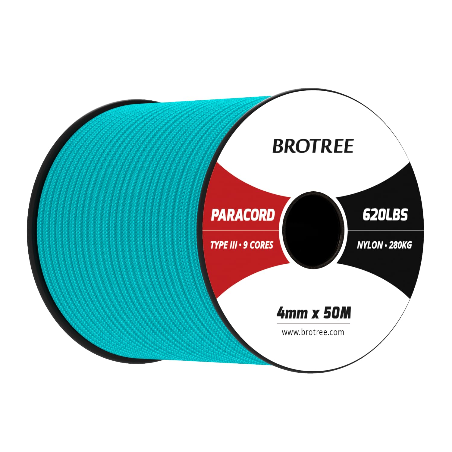Brotree Paracord 4mm 50M 9 Strands 100% Nylon Rope Type 3 Parachute Cord for Outdoor, Bracelet, DIY - 280kg Breaking Load (Turquoise)