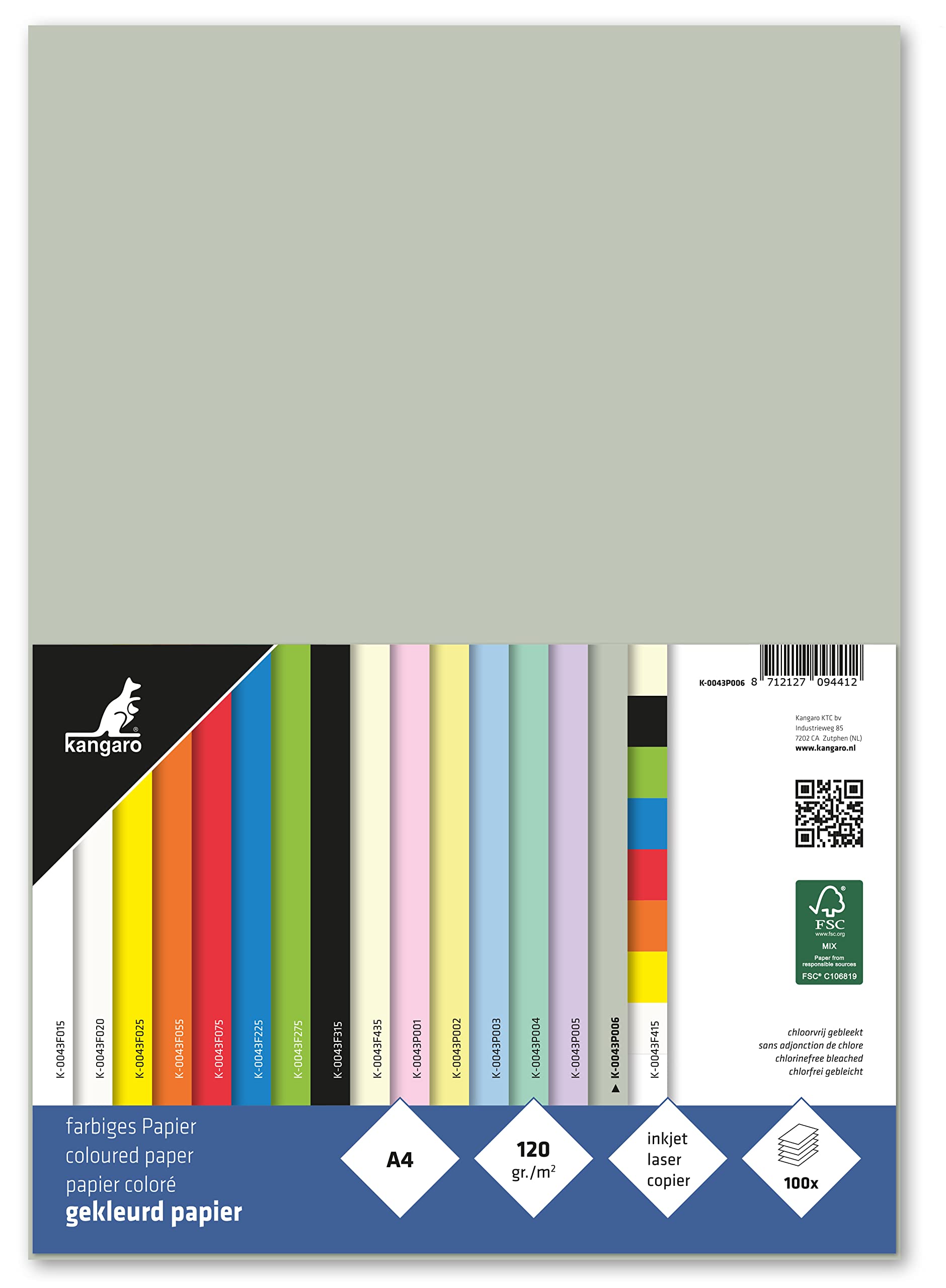 Kangaro - K-0043P006 Coloured Paper Pastel Grey DIN A4-120 g/m² FSC Mix - Pack of 100 - Letter Paper Craft Paper DIY, K-0043P006