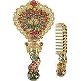 Antique Vintage Hand Mirror Comb Set - Vanity Handheld Makeup Mirror, Gold | Peacock Style Embossed Rose, Vanity Handheld Makeup Metal Travel Handle Portable Foldable Decorative Tabletop Stand Women