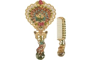 Nerien Antique Mirror Comb Set Vintage Metal Embossed Rose Handheld Mirror Peacock Heart-Shaped Makeup Mirror Decorative Tabletop Stand Cosmetic Mirror Travel Folding Handle Mirror Gold