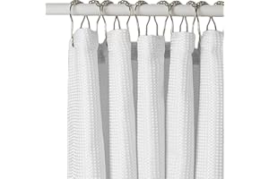 Liner-Free Waterproof Waffle Weave Fabric Shower Curtain - TPU Laminated Bathroom Curtain with 12 Rustproof Metal Hooks, 100%