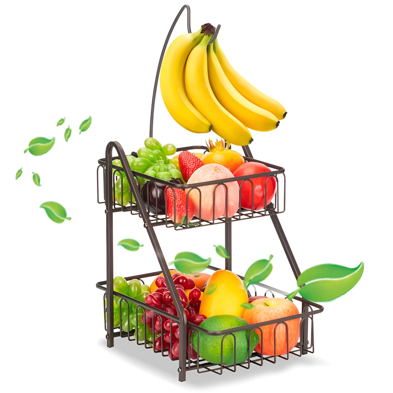 Mutool 2 Tier Fruit Racks with Banana Hanger Desktop Fruit Bowls Metal Fruit Basket Storage Rack Keeps Fruits and Vegs Fresh (Bronze)
