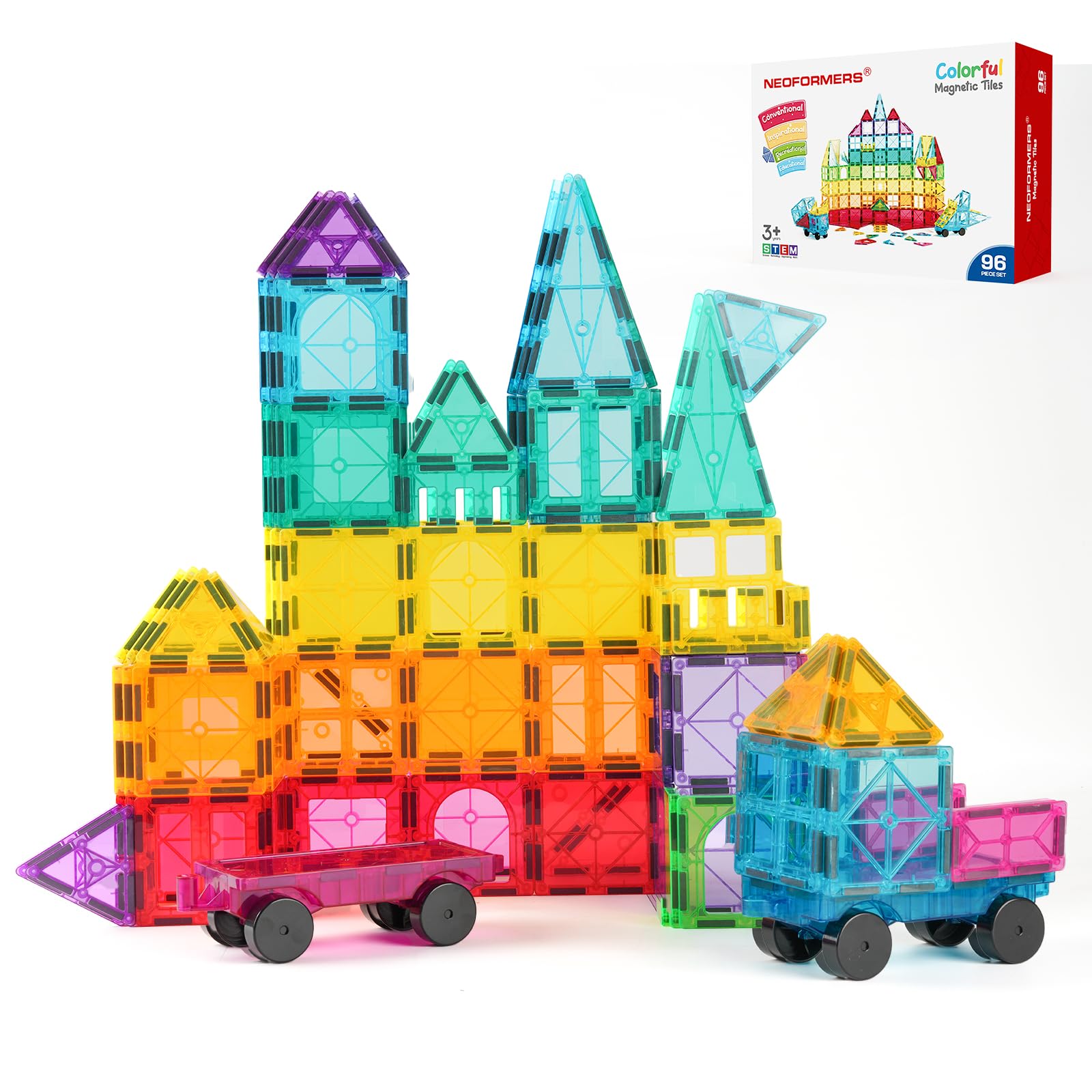 Photo 1 of ***Factory Sealed***
NEOFORMERS Magnetic Tiles, 96PCS Magnetic Block Toddler Toys with 2 Cars, 3D Clear Magnet Building Tiles Set, STEM Educational Toys for Kids 3-9 Years