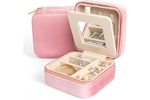 BLUTETE Travel Jewelry Box Organizer Velvet Travel Case With Mirror Ring Earrings Necklaces Storage Organizer Box (Light Pink)