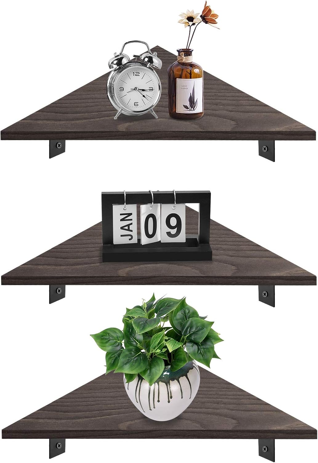 Satmonun Solid Pine Floating Corner Shelves Wall Mounted Set of 3, Rustic Storage Decorative