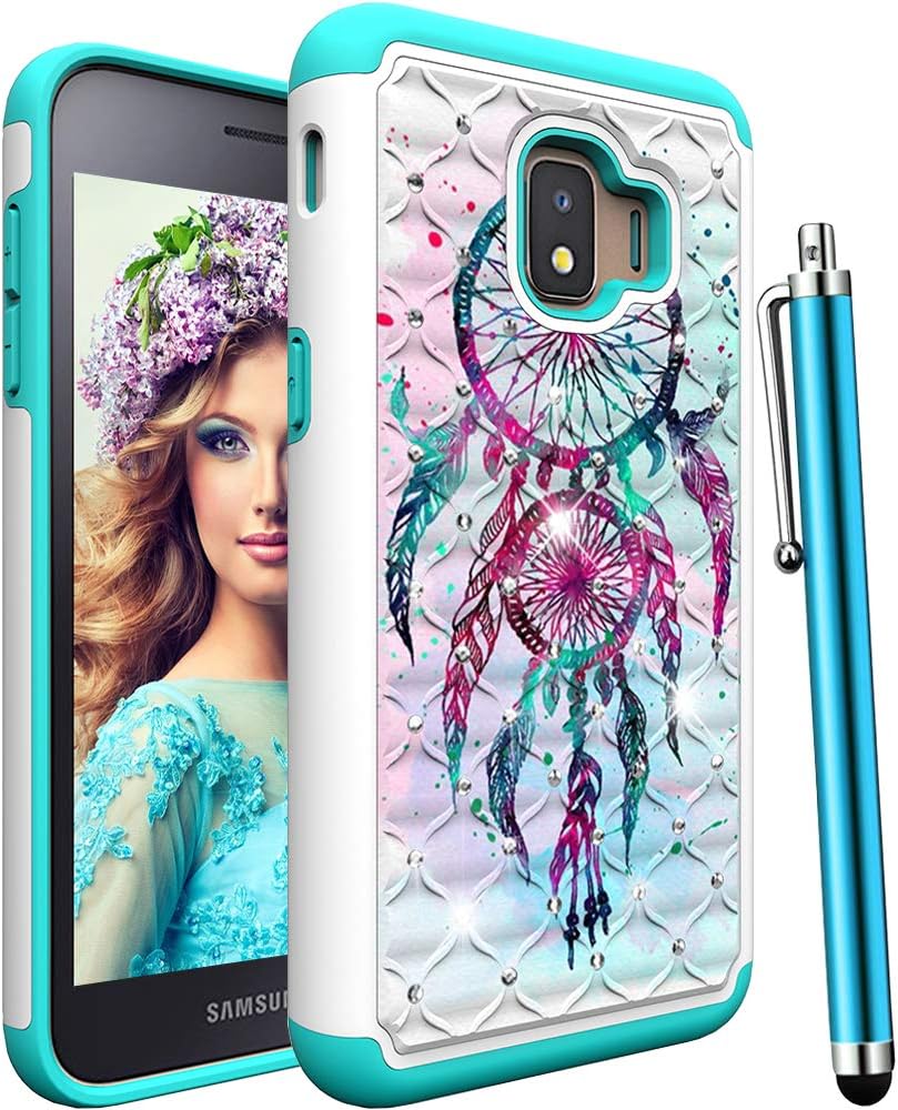 CAIYUNL Case for Galaxy J2 Core /J2 Dash /J2 Pure /J2 2019, Dual Layer Shockproof Heavy Duty Hybrid Protective Plastic Rubber Bling Glitter Studded Rhinestone Hard Phone Cover -Colourful Aeolian bells
