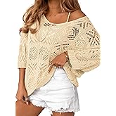 Dokotoo Women's 2026 Spring Summer Crochet Hollow Out 3/4 Sleeve Pullover Sweater Off Shoulder T-Shirts