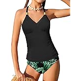 NECIOUS Girls Swimsuit 2 Piece Bathing Suit Halterneck Ruched Tankini Sets Printed Girls' Swimwear for 9-16 Years