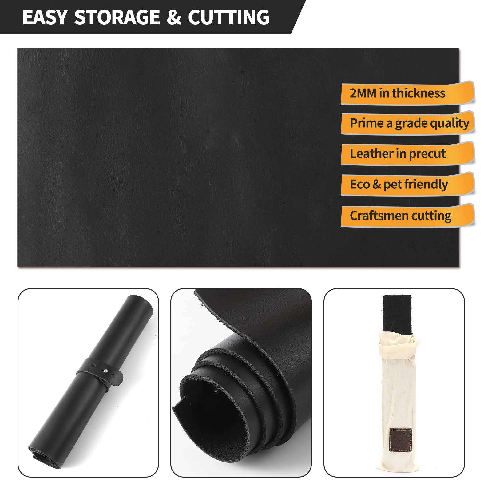 RingSun Genuine Leather Sheets for Leather Craft (2mm), Full Grain Leather for Tooling Craft Sewing(12''X24'', Black)