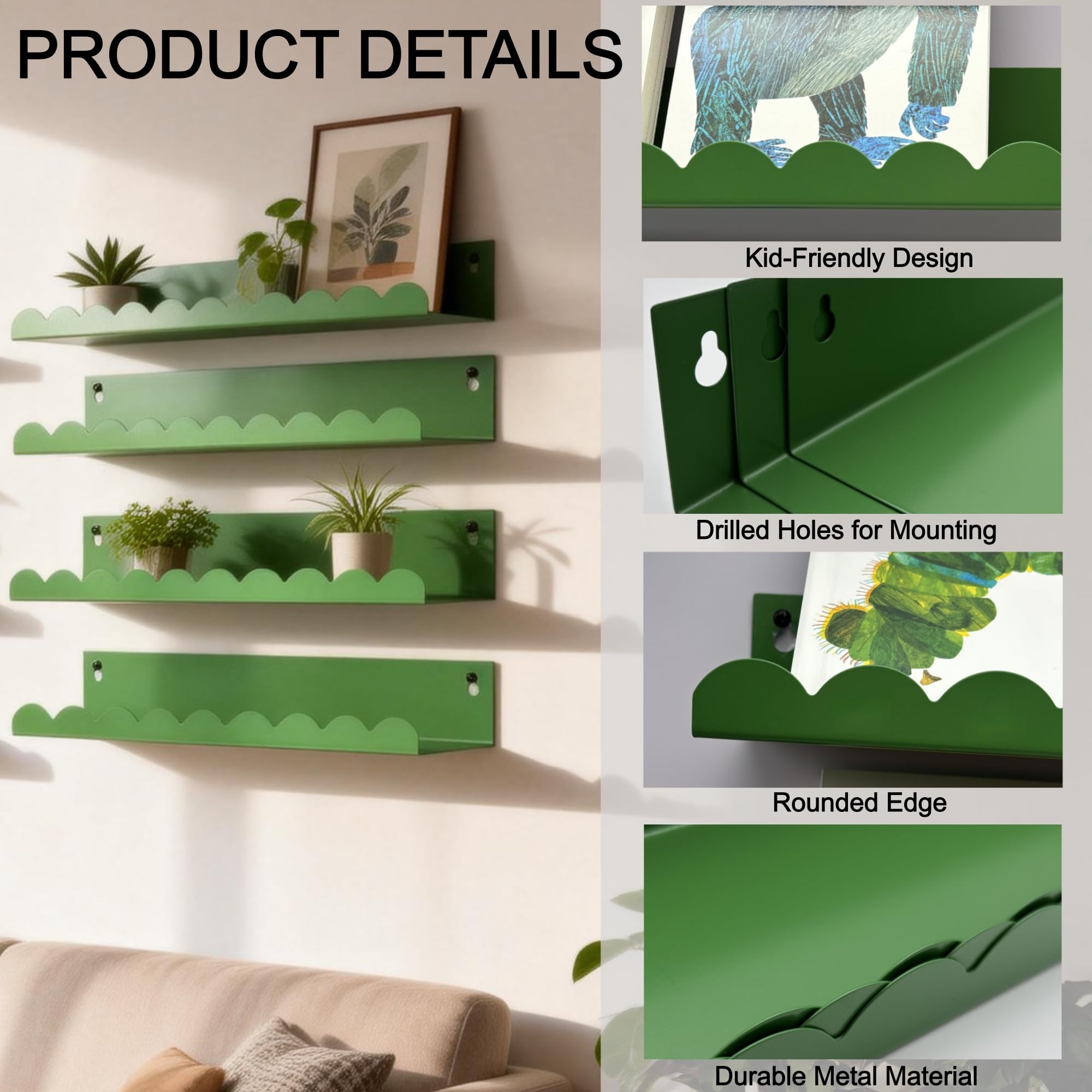 FESTLOVE Nursery Book Shelves Set of 6, Green Metal Floating Shelves for Wall, 16 Inch Scalloped Book Shelf for Kids Room, Bathroom, Bedroom, Playroom Wall Decor & Storage