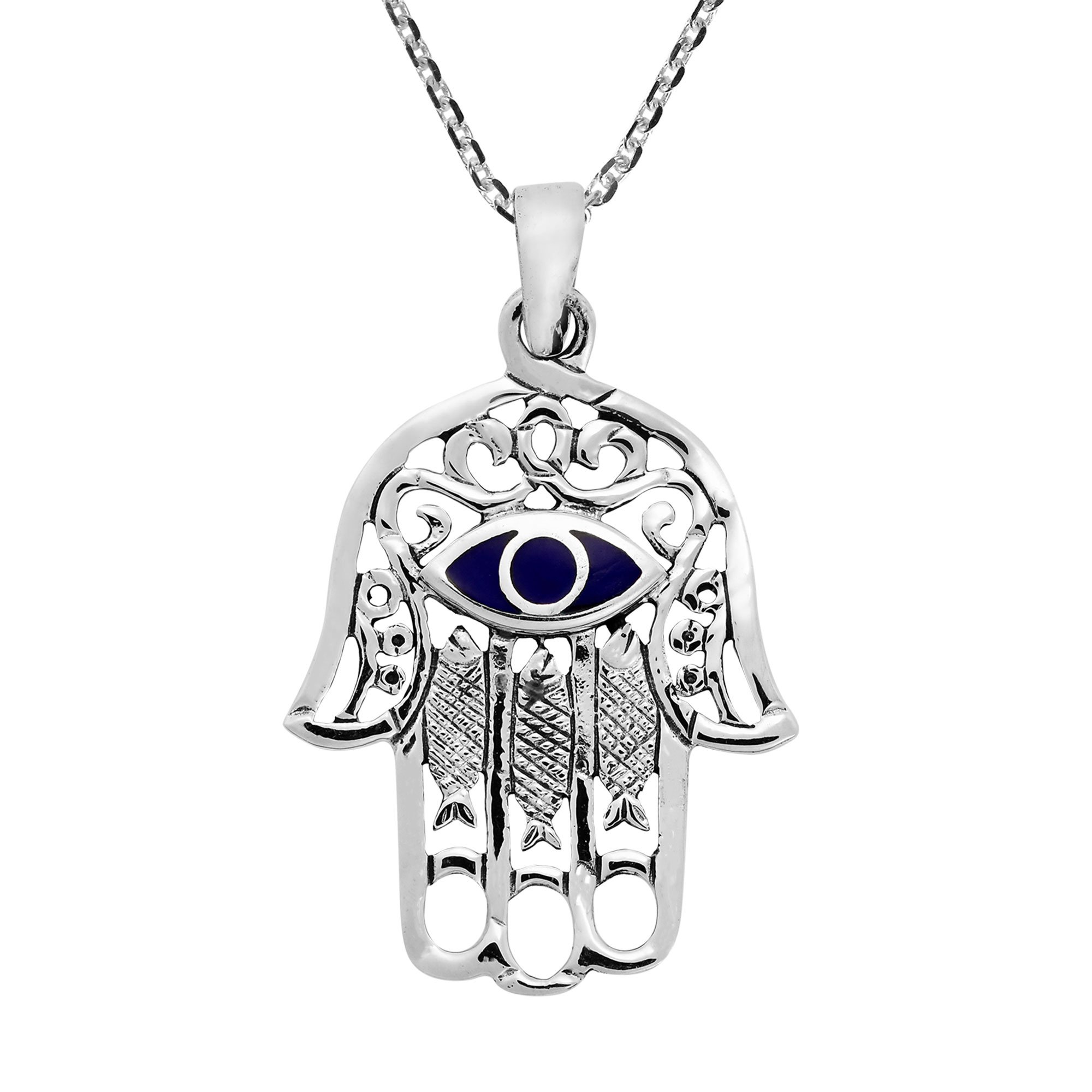 AeraVida Hamsa Hand with Evil Eye Blue Lapis-Lazuli Inlaid .925 Sterling Silver Necklace